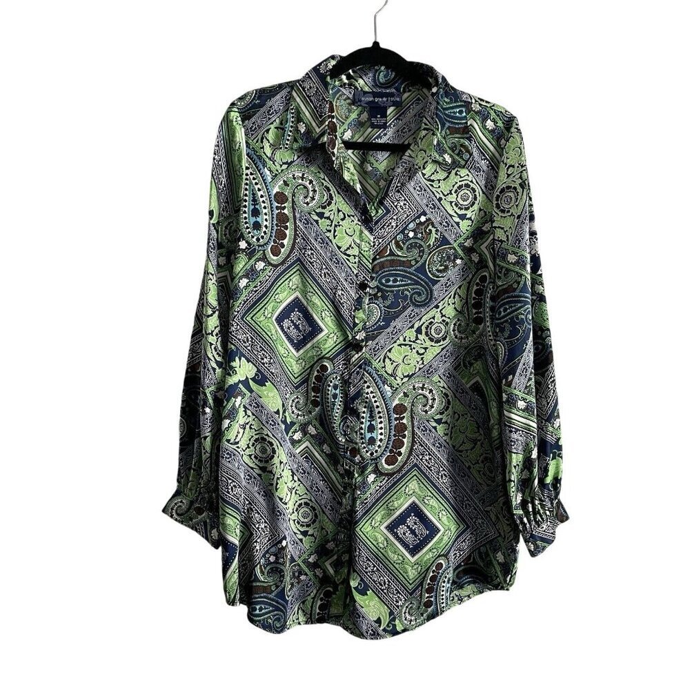 Susan Graver Women M Green Blue Paisley Satin Long Sleeve Button Up Tunic Blouse